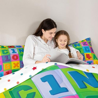 jejeloiu Number Learning Comforter Set King Size Alphabet ABC Bedding Set for Kids Boys Girls Colorful Educational Duvet Quilt Bedroom Decor Microfiber 3 Pcs with 2 Pillow Cases
