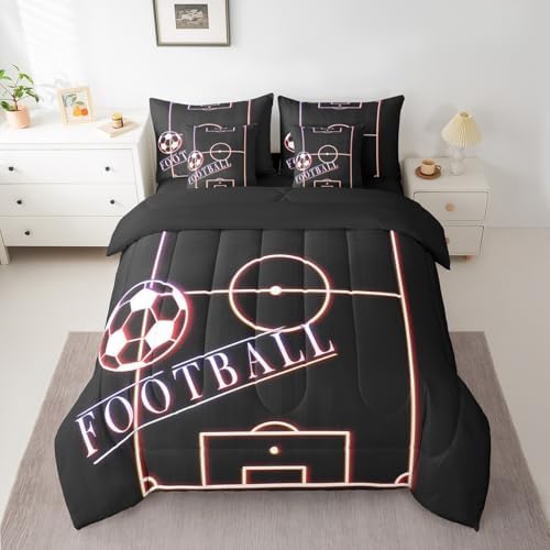 Football Bedding Comforter Sets 7pcs Sport Bed in a Bag Glowing Soccer Field Queen Bedding Sets Sports Gamer Comforter Set Purple Pink Red Bedding Sets & Collections for All Season Kids Bedroom Decor