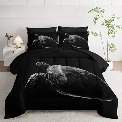 Nttopship Black Sea Turtle Comforter Set,Sea Turtle Bedding Set 7 Piece in A Bag,Beach Themed Bedroom Comforter Set Twin Size for Kids Teen Girls Boys Room Decor Microfiber Lightweight All Season