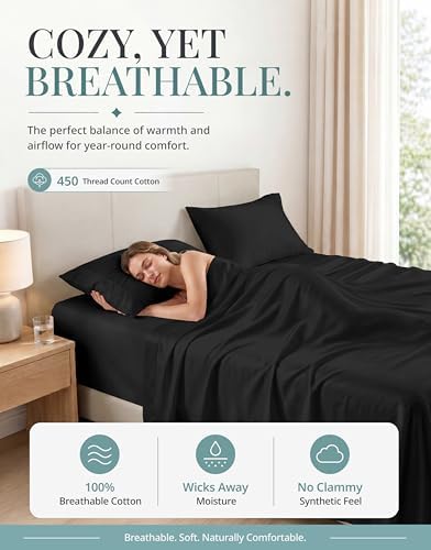 450TC 100% Long-Staple Cotton Sheets Cal King - Soft Sateen Weave, Black
