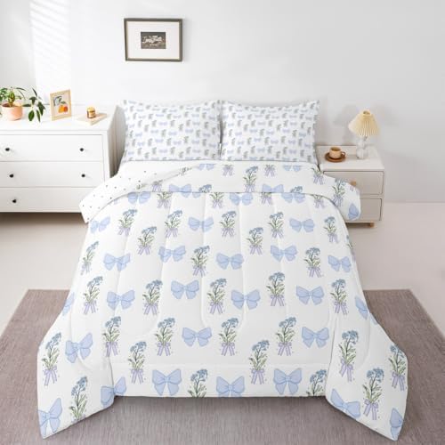 Castle Fairy Blue Bowknot Kids Comforter Set,Cute Blue Flowers Duvet Set for Room Decor,Retro Farmhouse Dreamy Girly Style Brushed Microfiber Soft Quilt Cover,Full Size 3 PCS