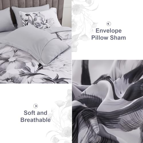 Luxudecor Floral Comforter Set King Size 7 Piece, Black Flower Bed in a Bag, Elegant Ink Comforter Bedding Set for All Season (Ink, 104"x90")
