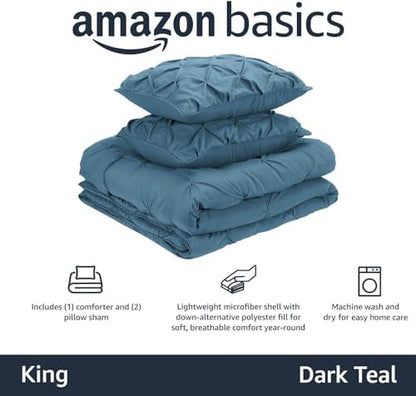 Amazon Basics Soft King Size Comforter Set, All-Season Down-Alternative 3-Piece Bedding Set, Pinch Pleat Design with Piped Edges, Dark Teal