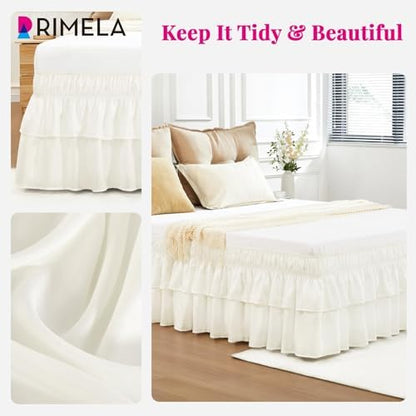 RIMELA Full Size Ruffle Bed Skirt 16 Inch Drop - Cream White Double Layered Wrap Around Dust Ruffle, Romantic Cute Design Bedskirt with High-Density Fabric, Soft Stretchy, Easy Install for Full Bed