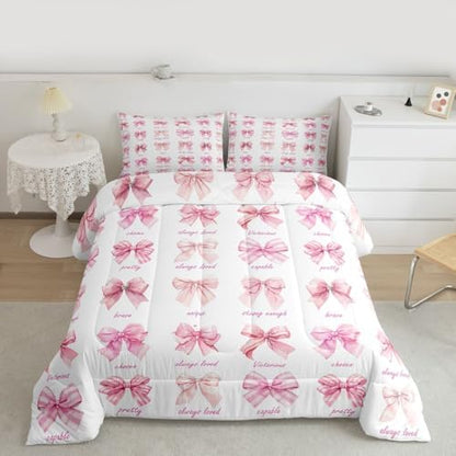 jejeloiu Pink Bow Comforter Set All Season Girls Bow Bedding Set with 2 Pillow Cases Cute Bowknot Microfiber Kids Queen Bedclothes Bedroom Decor Duvet Quilt Breathable Soft Lightweight