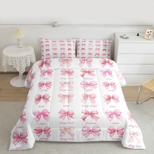 jejeloiu Pink Bow Comforter Set All Season Girls Bow Bedding Set with 1 Pillow Cases Cute Bowknot Microfiber Kids Toddler Bedclothes Bedroom Decor Duvet Quilt Breathable Soft Lightweight