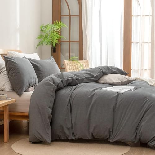 BESTOUCH Cotton Solid Duvet Cover Set Linen Feel Dark Grey Alaska King