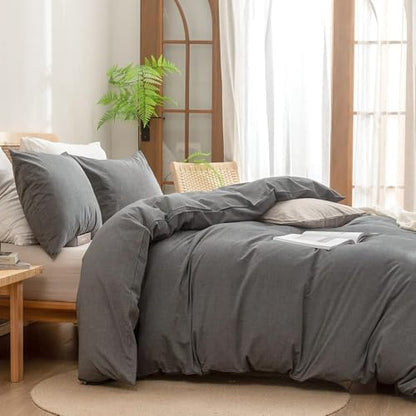 BESTOUCH Cotton Solid Duvet Cover Set Linen Feel Dark Grey Alaska King