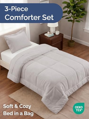 Twin Comforter Set - Light Grey Bedding for All Seasons - 2 Piece Bed Set