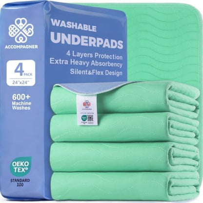 Accompagner Incontinence Bed Pads Washable Waterproof, Ultra-Absorbent Reusable Underpads for Diaper Changing, Nursing, Bedridden, Adults, Seniors, Kids and Dogs (Green, 24"x24"(Pack of 4))
