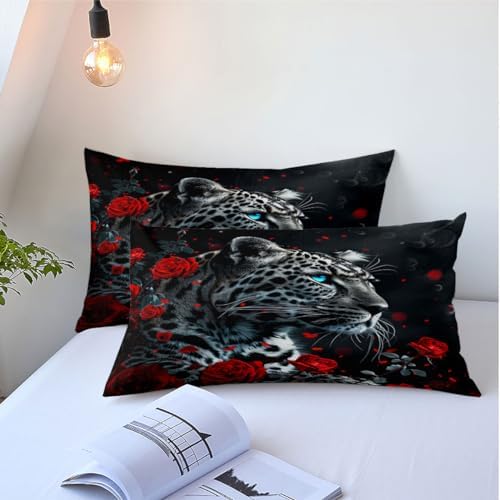 CCoutueChen Red Rose Leopard Comforter Set King Size Black Wildlife Comforters 3D Cheetah Bedding Set Safari Animal Bedding Sets 3 Piece Animals Bed Set Soft Microfiber Down Alternative Comforter Sets