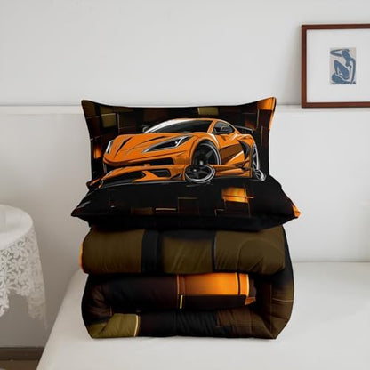 Erosebridal Boys Race Car Bedding Set Queen Size Orange Racing Car Comforter Set 3 Pieces Modern Geometric Grid Bedding Comforter Sets Cool Speed Car Down Comforter for Kids Teens