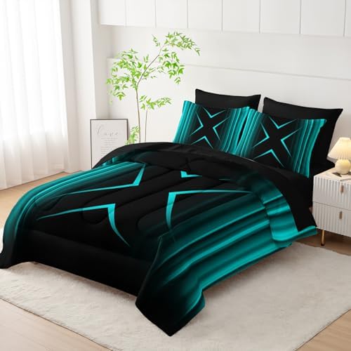Nttopship Turquoise Black Geometric Comforter Set Queen Size 7Pieces,3D Abstract Mordern Printed Bedding Set for Adults,Geometric Mordern Decor All Seasons with Pillowcases,Flat, Fitted Sheet