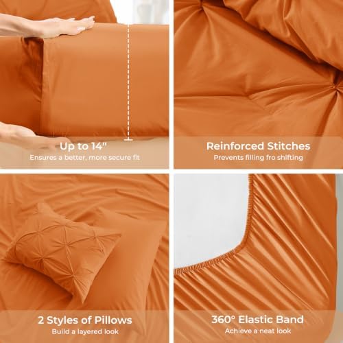 Sasttie Queen Comforter Set, 7-Piece Bed in a Bag, Pintuck Bedding Sets for All Season, Includes Comforter, Flat Sheet, Fitted Sheet, Pillowcases and Pillowshams, Coral Orange