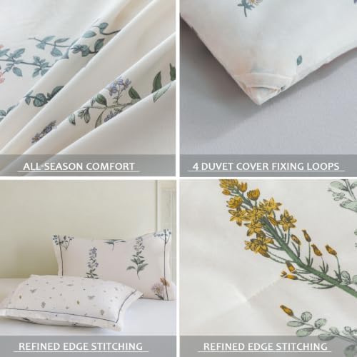 Queen Comforter Set 3 Pieces, 100% Cotton Botanical Flower Floral Bedding Set for All-Season, Soft Breathable Comforter with 2 Pillow Shams