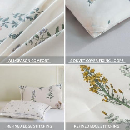 King Comforter Set 3 Pieces, 100% Cotton Botanical Floral Bedding Set for All‑Season, Soft Breathable Comforter with 2 Pillow Shams