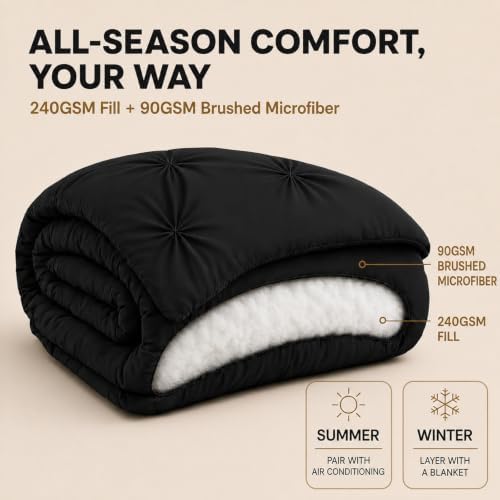 HIMEET King Size Comforter Set Black - 7 Pieces Pintuck Bed in a Bag