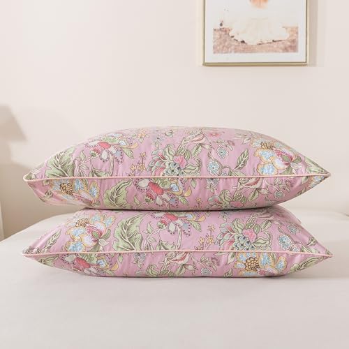 FADFAY Queen Sheet Set 4Pcs 100% Egyptian Cotton Sheets Deep Pocket Soft Breathable Vintage Misty Pink French Country Bedding Shabby Cottagecore Floral Bedding Luxury Hotel Quality for All Seasons