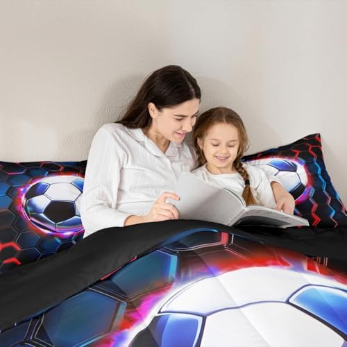 FootballComforter Set King Size,Soccer Game Ball Sports Kids Bedding Set,Geometric Honeycomb Hexagon Quilt Comforter,Black Red Duvet Insert,2 Pillowcases