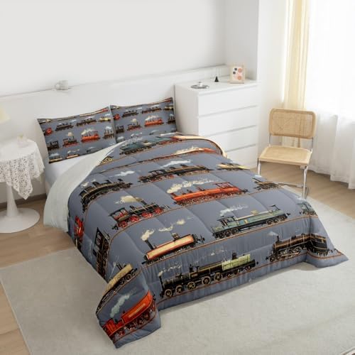 Feelyou Train Comforter Set Toddler Size Retro Steam Engine Train Bedding Set for Kids Boys Girls Vintage Transport Vehicle Duvet Quilt Bedroom Decor Microfiber 2 Pcs with 1 Pillow Cases