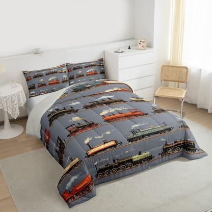 Feelyou Train Comforter Set Toddler Size Retro Steam Engine Train Bedding Set for Kids Boys Girls Vintage Transport Vehicle Duvet Quilt Bedroom Decor Microfiber 2 Pcs with 1 Pillow Cases