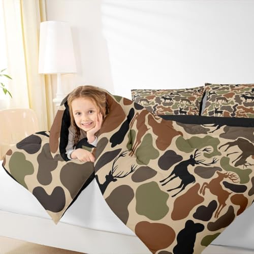 Homewish Deer Camo Comforter Sets Full Size,Army Green Camouflage Bedding Set 3Pcs for Kids Women Room Decor,Hunting Deer Quilted Duvet Hunt Wild Animals Down Comforter,2 Pillowcases