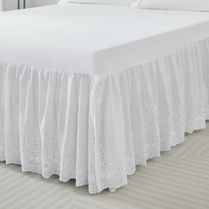 Brandream White Eyelet Bed Skirt Queen Size Cotton 18'' Drop Split Corners