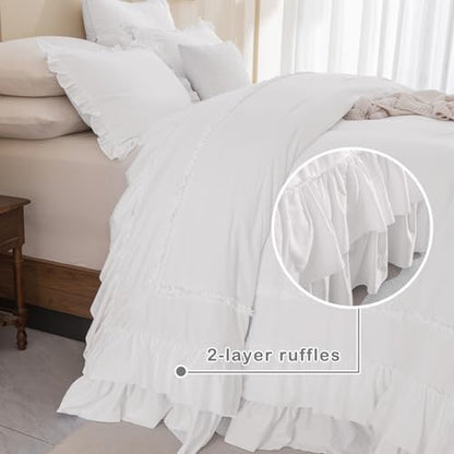 Masaca Oversized King Comforter 128x120,Farmhouse Shabby Boho Chic Ruffled Bedding Comforter Set,3Pcs Netural White Ruffle Comforter Rustic French Country Extra Large King Size Bedding Set