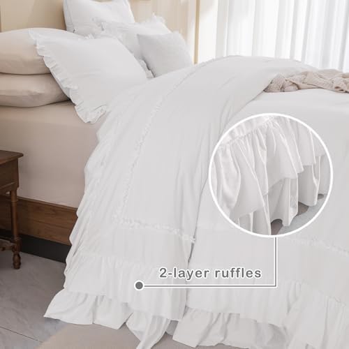 Masaca 120x120 Oversized King Comforter,Farmhouse Shabby Boho Chic Netural White Ruffle California King Comforter Set French Country Rustic Bedding 3PCS (1 Ruffled Comforter+2 Pillow Shams)