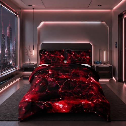 Nttopship Red Comforter Set Queen Size，Red Marble Bedding Set 3 Pcs Bedding for Adults, Marble Room Decor with Comforter and 2 Pillowcases Soft and Lightweight B-Side Black