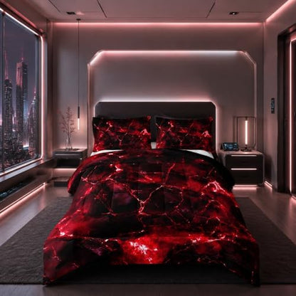 Nttopship Red Comforter Set Queen Size，Red Marble Bedding Set 3 Pcs Bedding for Adults, Marble Room Decor with Comforter and 2 Pillowcases Soft and Lightweight B-Side Black