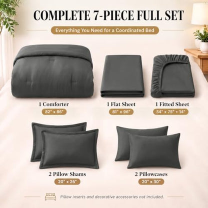 CozyLux Full Size Comforter Set Dark Grey, 7 Pieces Bed in a Bag