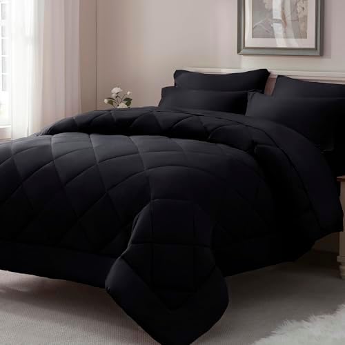 ELNIDO QUEEN® Queen Comforter Set Black - 7 Pieces Bed in a Bag Comforters Queen Size, Bed Set All Seasons, Black Bedding Sets with Comforter, Flat Sheet, Fitted Sheet, Pillowcases and Pillow Shams