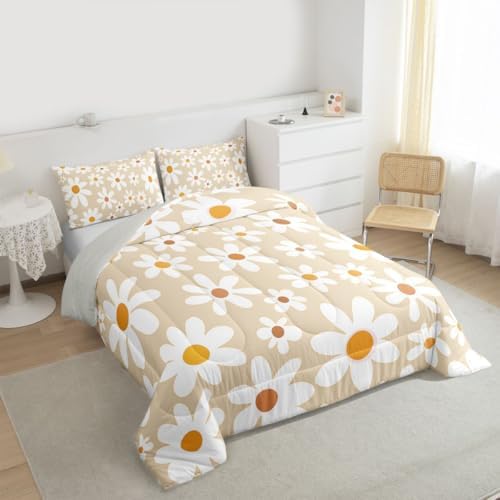 jejeloiu Retro Daisy Farmhouse Bedding Set for Boys Girls, Cute Daisy Comforter Set Toddler Size Cute Flower Duvet Quilt Microfiber Floral Botanical Pattern Bedroom Decor 2 Pcs with 1 Pillow Cases