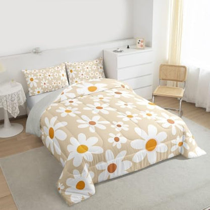 jejeloiu Retro Daisy Farmhouse Bedding Set for Boys Girls, Cute Daisy Comforter Set Toddler Size Cute Flower Duvet Quilt Microfiber Floral Botanical Pattern Bedroom Decor 2 Pcs with 1 Pillow Cases