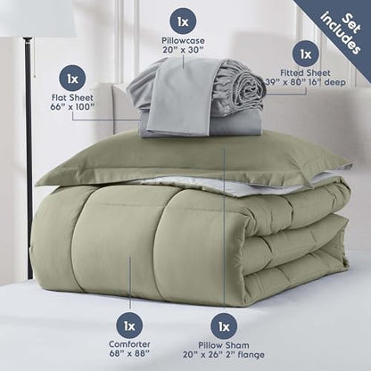 Nestl 7 Piece Twin XL Comforter Set – Light Sage Reversible Bed in a Bag – Complete Twin XL Size Bedding Set with Sheets, Set of 2 Down Alternative Pillows, Pillowcase and Sham