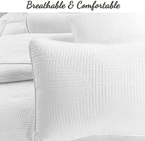 Cozy Line Home Fashions 100% Cotton Square Check Stitch Solid White Quilt Bedding Set, Bedspread Coverlet Lightweight for All Seasons (Maze - White, King - 3 piece)