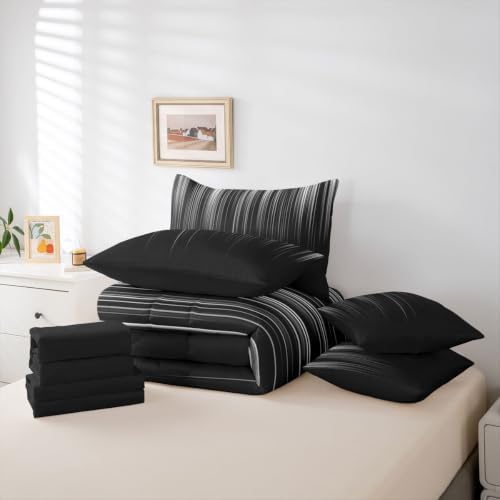 Feelyou Neon Grey Black Comforter Set with Sheets 7 Piece Queen Size Geometric Bed in a Bag Kids Boys Girls Ombre Bedding Set Bedroom Decor Breathable Soft Lightweight Microfiber