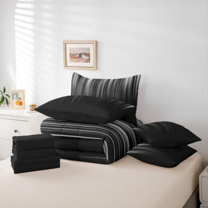 Feelyou Neon Grey Black Comforter Set with Sheets 7 Piece King Size Geometric Bed in a Bag Kids Boys Girls Ombre Bedding Set Bedroom Decor Breathable Soft Lightweight Microfiber