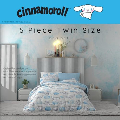 Cinnamoroll Bedding 5 Piece Super Soft Cozy Reversible Comforter and Sheet Set with Sham, Twin, (100% Official Licensed Product) By Franco