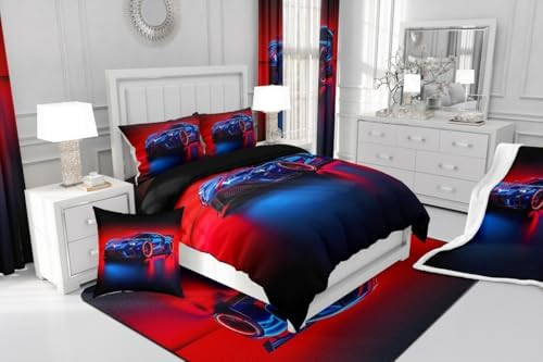 Erosebridal Boys Race Car Queen Size Bedding Set Kids Racing Car Comforter for Teen Boys 3D Red Blue Sports Cars Bedding Comforter Sets,Cars Racing Games Duvet,Cama De Carro para Niños Decoración