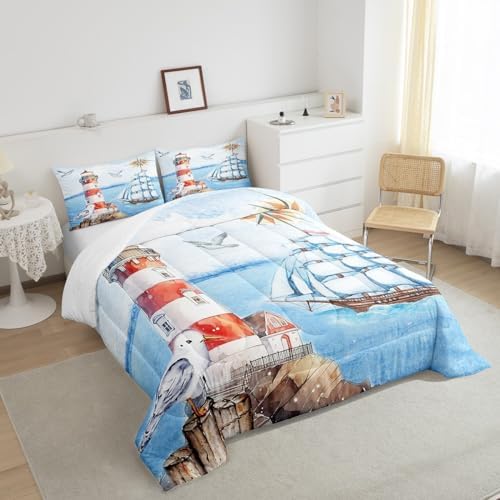 Coastal Lighthouse Comforter Set Twin Size,Nautical Sailboat Quilt Set Ocean Adventure Travel Bedding Set for Kids Girls Boys Teens Room Decor,Vintage Watercolor Duvet Insert,1 Pillowcase
