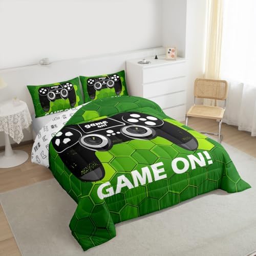 Castle Fairy Teens Gamepad Reversible Comforter Set Full Size,Gamer Video Game Bedding Set for Kids Boys Adult Bedroom Decoration,Geometric Bed Duvet Insert,Green Hexagon Comforter with 2 Pillowcase