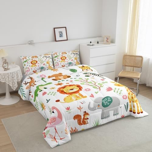 Feelyou Queen Size Cartoon Lions Giraffe Comforter Set Zoo Animals Bedding Set Flamingo Zebra Comforter for Kids Boys Girls Kawaii Animals Duvet Insert 3Pcs