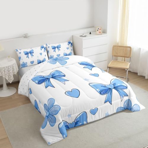 jejeloiu Bow Comforter Set Bowknot Bedding Set White Blue Kids Twin Bow-tie