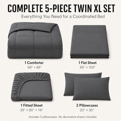 CozyLux Twin XL Comforter Set Dark Grey - 5 Pieces Twin XL Bed in a Bag