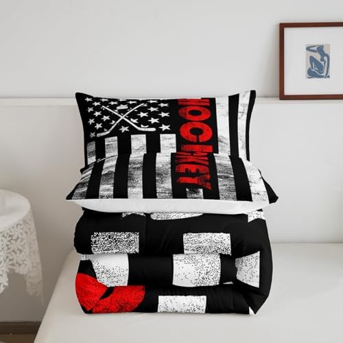 Ice Hockey Comforter Set Full,Puck Hockey Sport Games Bedding Set for Kids Boys Teens Men,Black White American Flag Bedding Comforter Set,Retro United States Flag Quilt Duvet Set 2 Pillow Cases