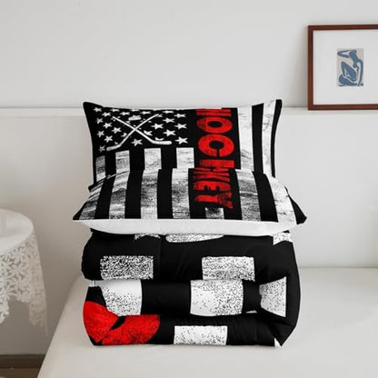 Ice Hockey Comforter Set Full,Puck Hockey Sport Games Bedding Set for Kids Boys Teens Men,Black White American Flag Bedding Comforter Set,Retro United States Flag Quilt Duvet Set 2 Pillow Cases