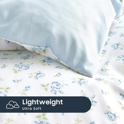 Wake In Cloud - Floral Comforter Set with Sheets, Coquette Cottagecore Aesthetic Flower Shabby Chic Pattern for Women Teen Girls, 7 Pieces Bed in a Bag, White Blue, Full Size