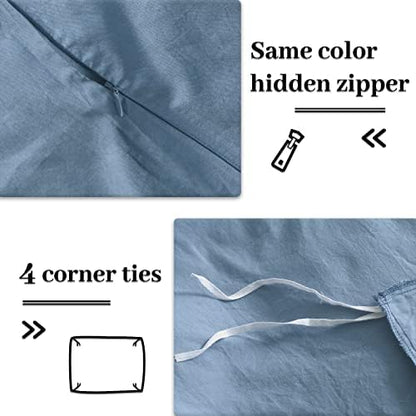 NEXHOME PRO Duvet Cover Set Queen Size Linen Look Textured Organic Natural 100% Washed Cotton Duvet Cover Blue 3 Pieces Bedding Set with Zipper Closure and Corner Ties, Breathable (No Comforter)